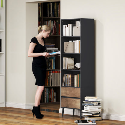 Bookcase Storage Shelf with 4 Open Compartments and 2 Drawers, Storage Shelf for Living Room, Bedroom, Office, 60 x 30 x 179 cm, Gray