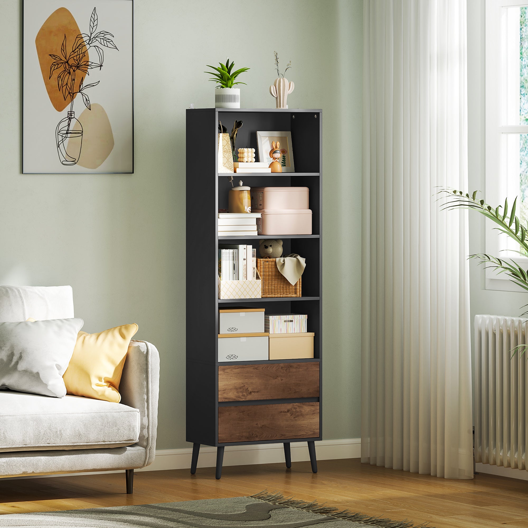 Bookcase Storage Shelf with 4 Open Compartments and 2 Drawers, Storage Shelf for Living Room, Bedroom, Office, 60 x 30 x 179 cm, Gray