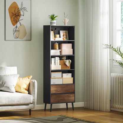 Bookcase Storage Shelf with 4 Open Compartments and 2 Drawers, Storage Shelf for Living Room, Bedroom, Office, 60 x 30 x 179 cm, Gray