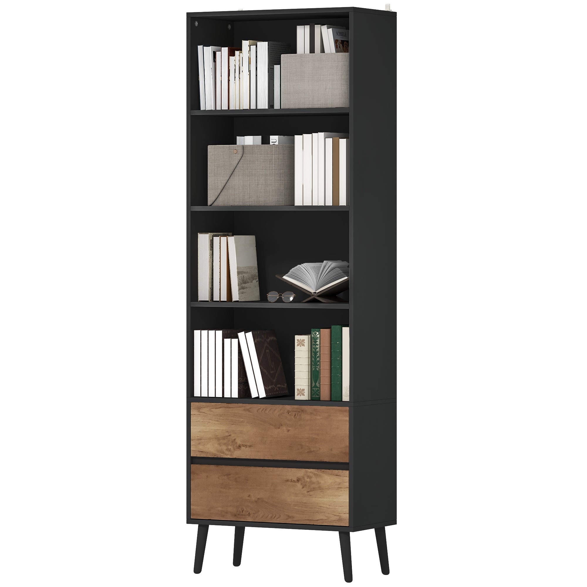 Bookcase Storage Shelf with 4 Open Compartments and 2 Drawers, Storage Shelf for Living Room, Bedroom, Office, 60 x 30 x 179 cm, Gray