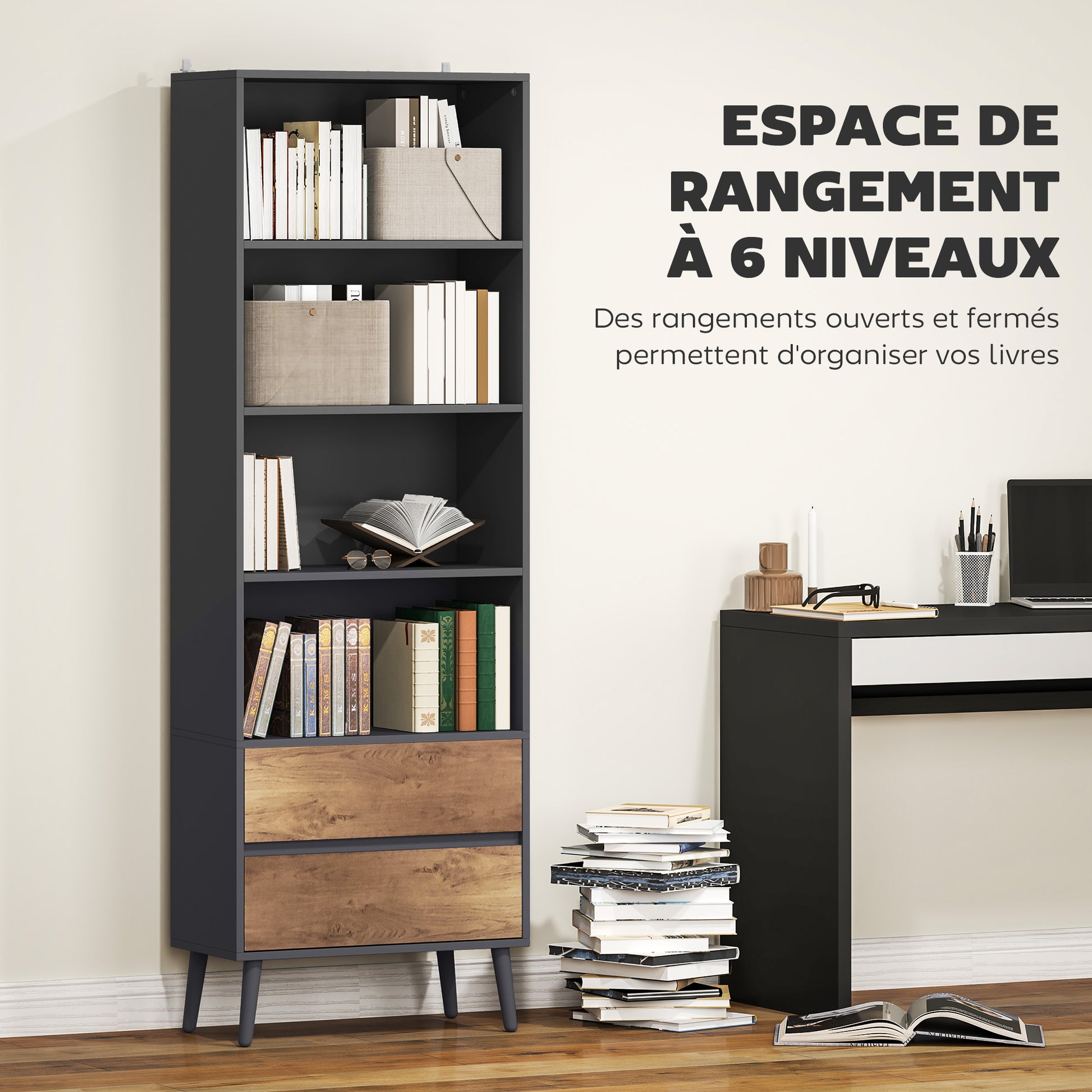 Bookcase Storage Shelf with 4 Open Compartments and 2 Drawers, Storage Shelf for Living Room, Bedroom, Office, 60 x 30 x 179 cm, Gray