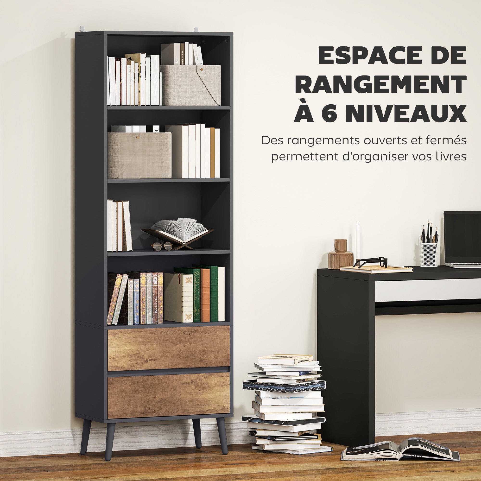 Bookcase Storage Shelf with 4 Open Compartments and 2 Drawers, Storage Shelf for Living Room, Bedroom, Office, 60 x 30 x 179 cm, Gray