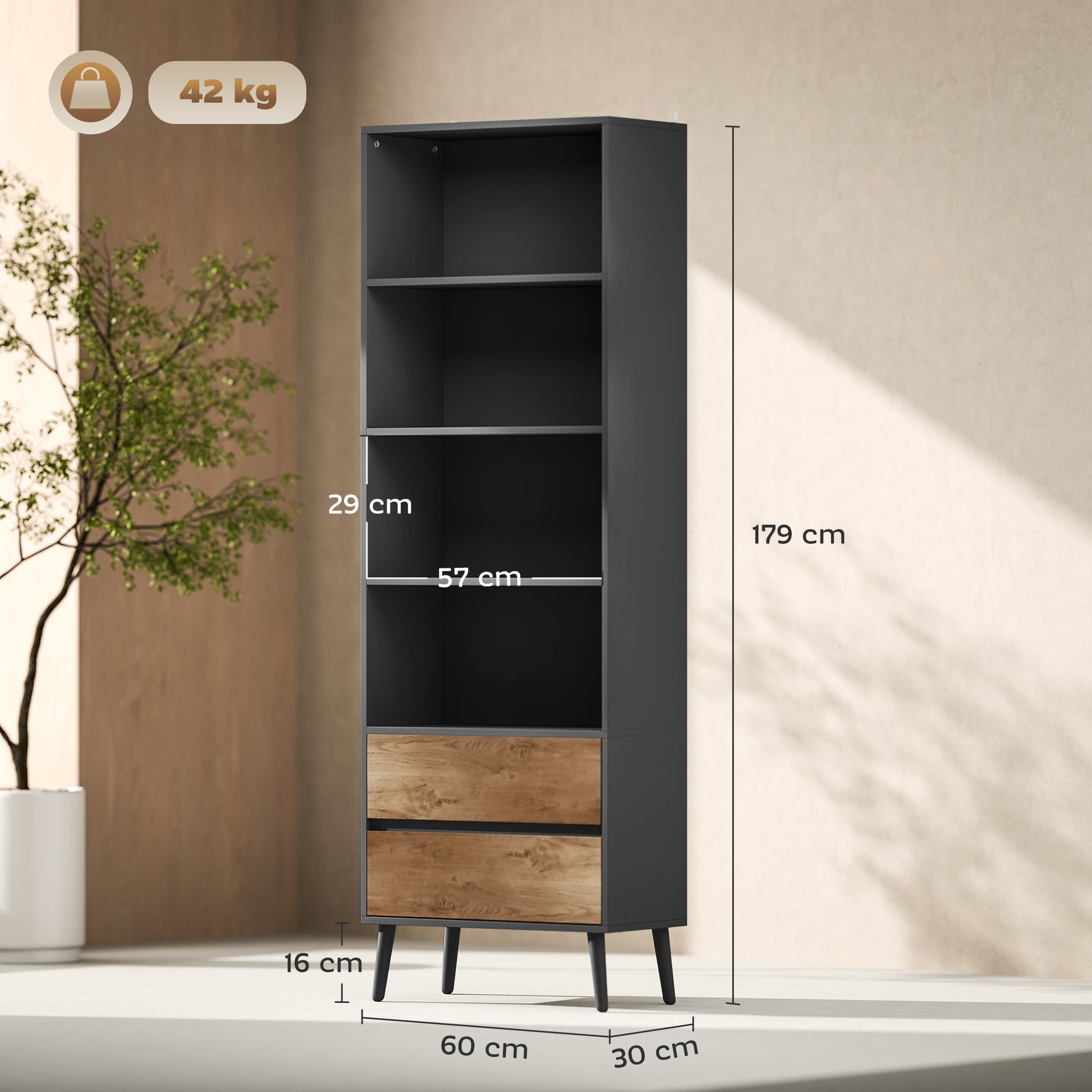 Bookcase Storage Shelf with 4 Open Compartments and 2 Drawers, Storage Shelf for Living Room, Bedroom, Office, 60 x 30 x 179 cm, Gray