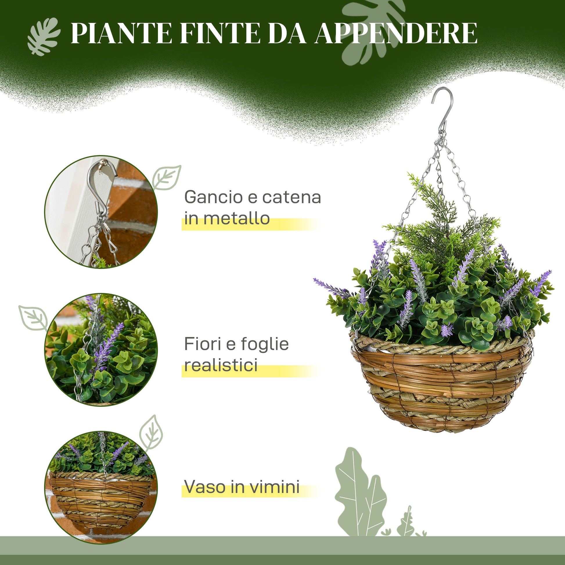 Set 2 Artificial Lavender Plants with Pot and Hook, PE and Wicker Artificial Plants, Ø25x34 cm, Green and Purple