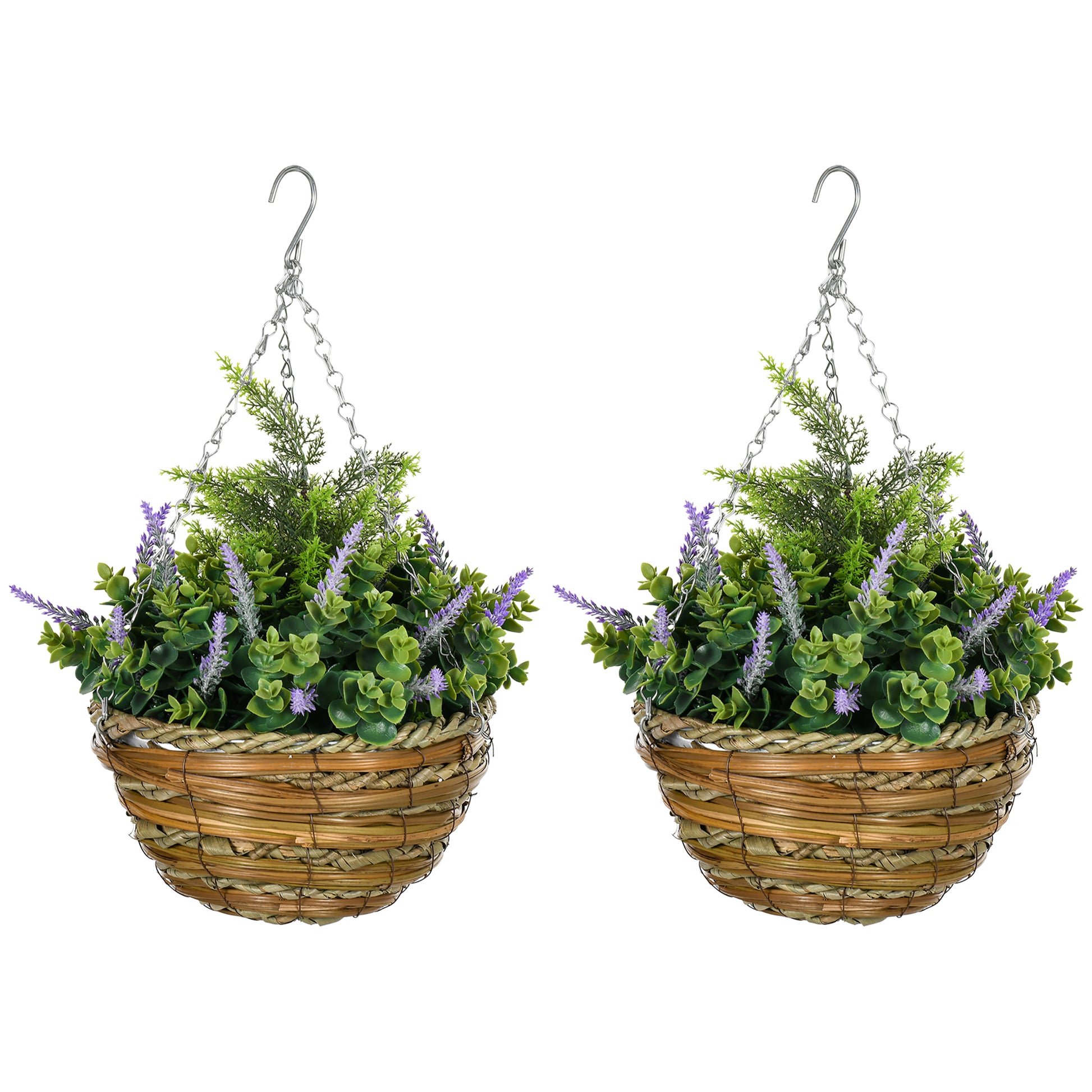 Set 2 Artificial Lavender Plants with Pot and Hook, PE and Wicker Artificial Plants, Ø25x34 cm, Green and Purple