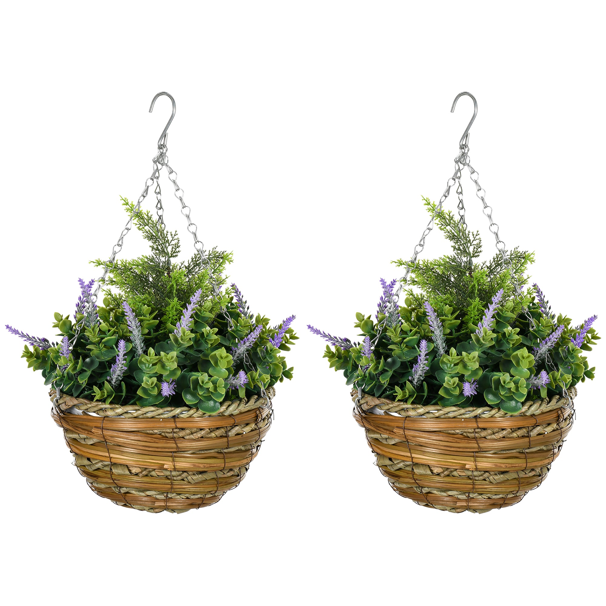 Set 2 Artificial Lavender Plants with Pot and Hook, PE and Wicker Artificial Plants, Ø25x34 cm, Green and Purple