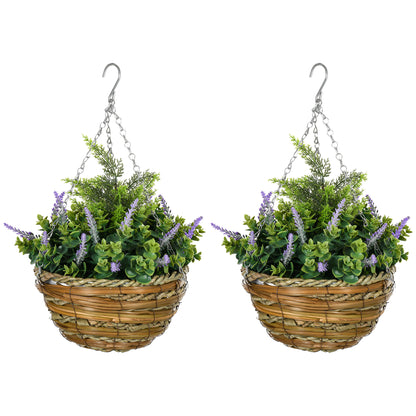 Set 2 Artificial Lavender Plants with Pot and Hook, PE and Wicker Artificial Plants, Ø25x34 cm, Green and Purple