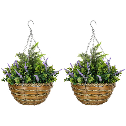 Set 2 Artificial Lavender Plants with Pot and Hook, PE and Wicker Artificial Plants, Ø25x34 cm, Green and Purple