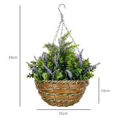 Set 2 Artificial Lavender Plants with Pot and Hook, PE and Wicker Artificial Plants, Ø25x34 cm, Green and Purple