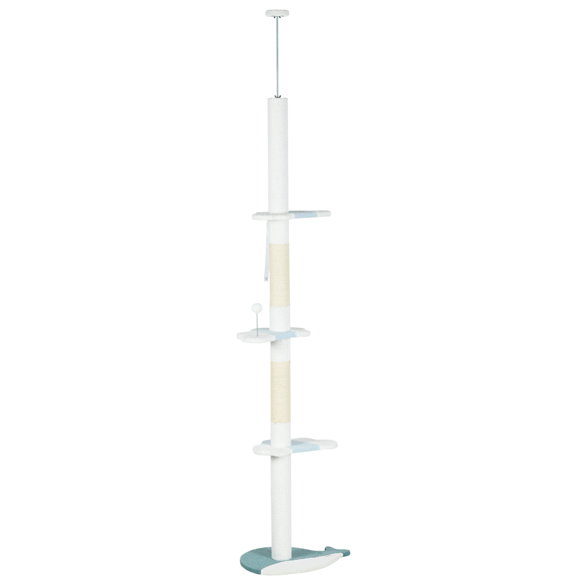 Ceiling Cat Scratching Post, Cat Gym with Adjustable Pole from 225-255 cm, Ball, Platforms and Whale-Shaped Base, White