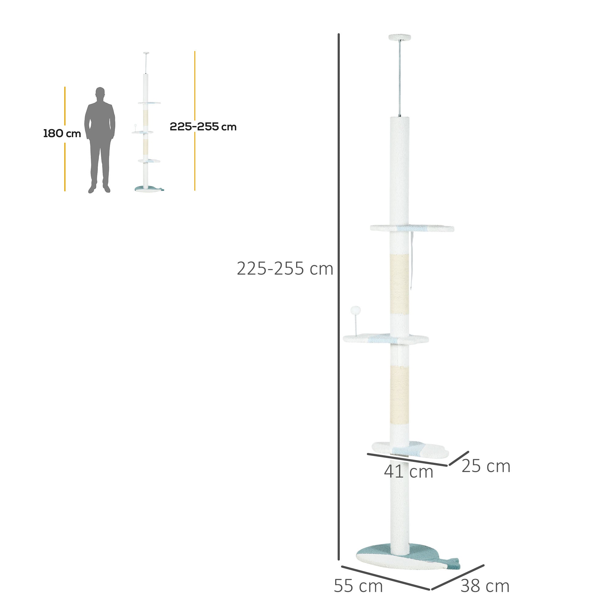 Ceiling Cat Scratching Post, Cat Gym with Adjustable Pole from 225-255 cm, Ball, Platforms and Whale-Shaped Base, White
