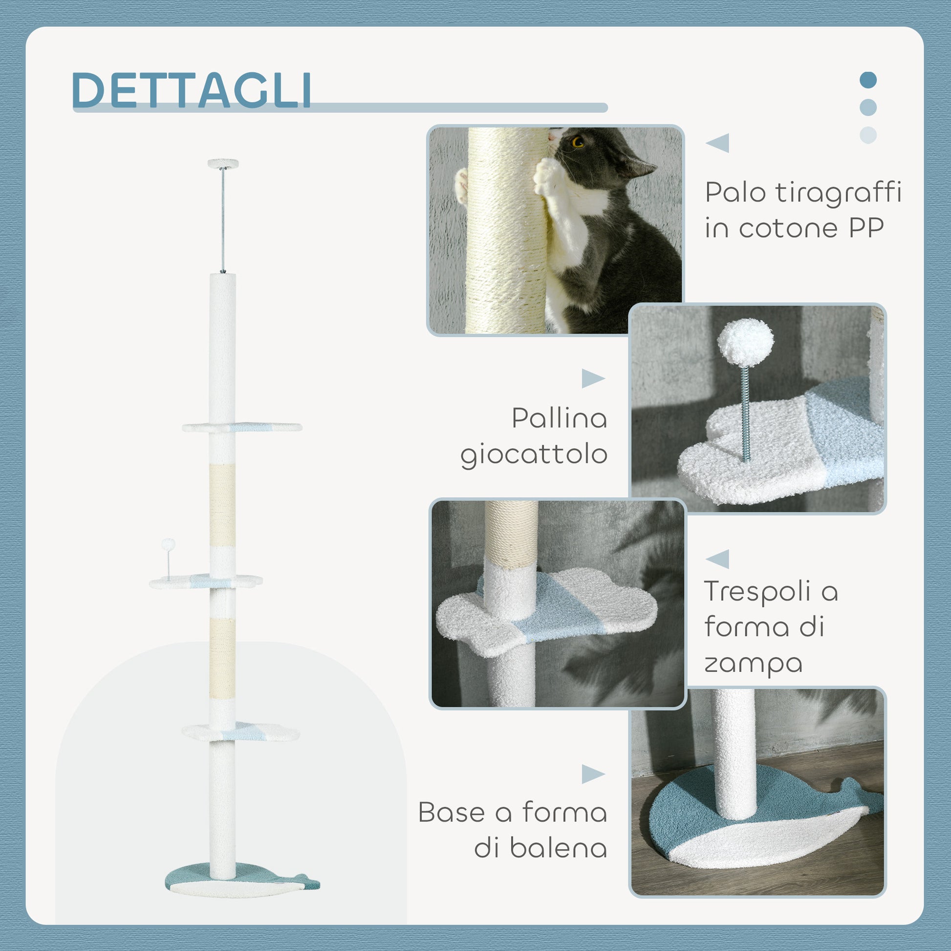Ceiling Cat Scratching Post, Cat Gym with Adjustable Pole from 225-255 cm, Ball, Platforms and Whale-Shaped Base, White