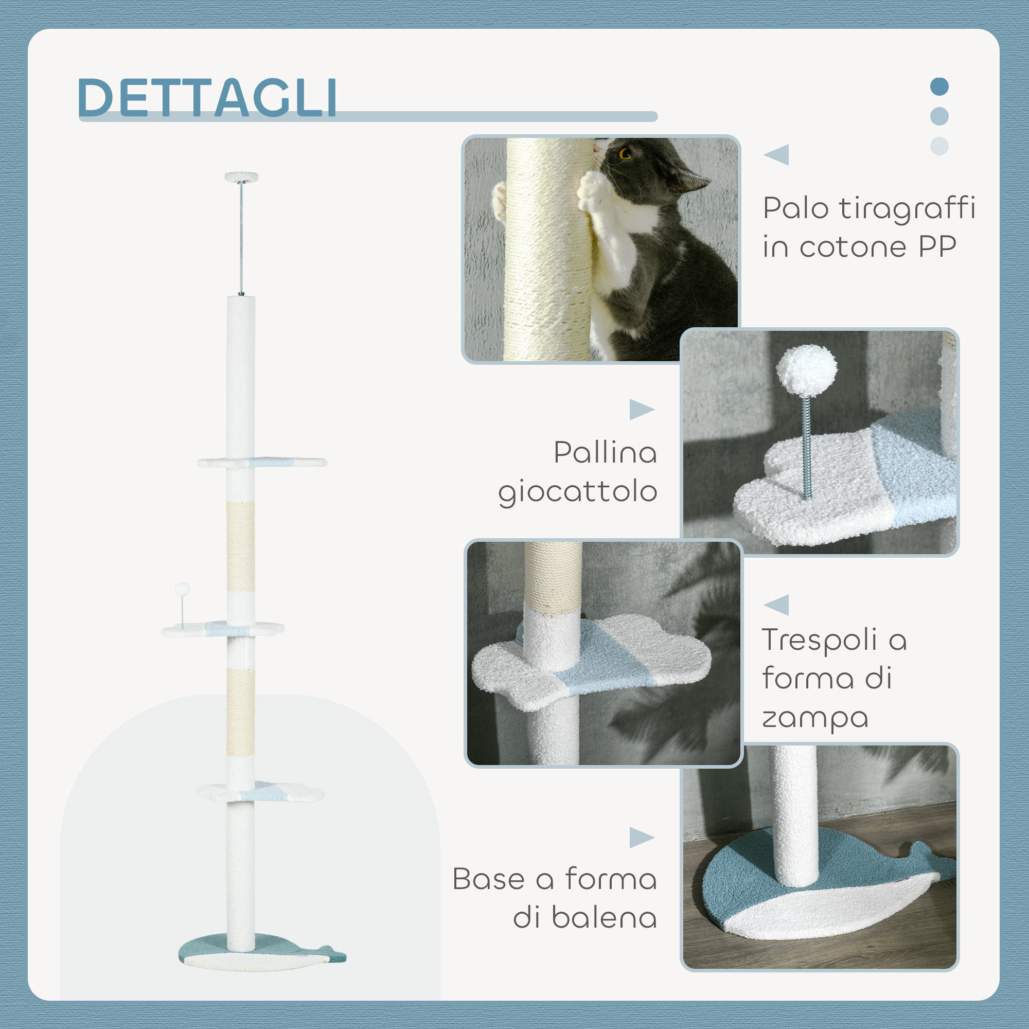 Ceiling Cat Scratching Post, Cat Gym with Adjustable Pole from 225-255 cm, Ball, Platforms and Whale-Shaped Base, White