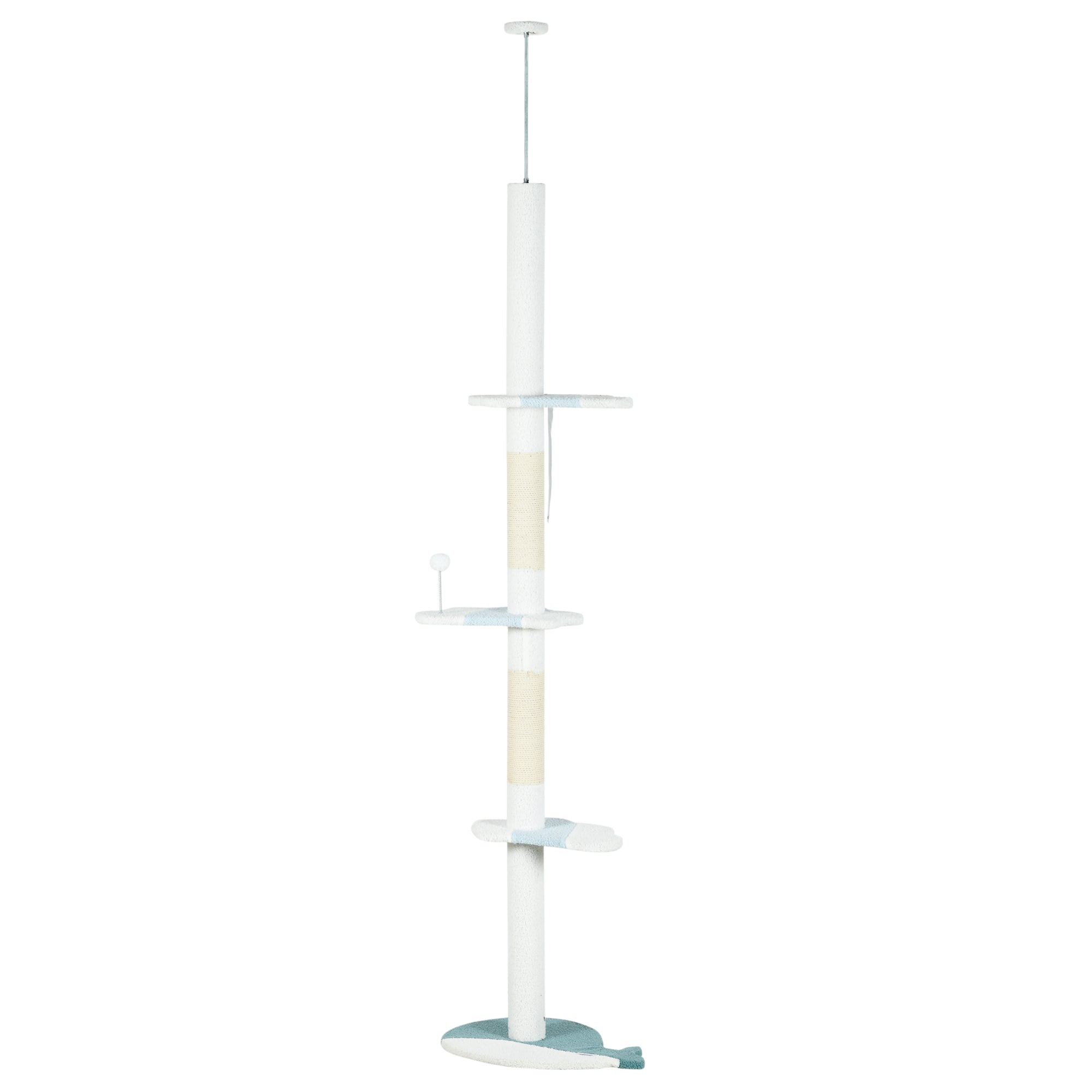 Ceiling Cat Scratching Post, Cat Gym with Adjustable Pole from 225-255 cm, Ball, Platforms and Whale-Shaped Base, White