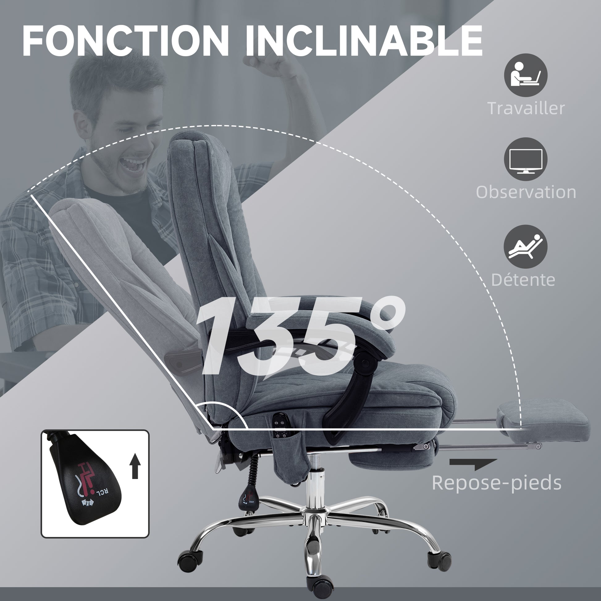 Massage Office Chair with Heating Ergonomic Desk Chair with Adjustable Height Reclining Back Wired Remote Retractable Footrest 360° Swivel Dark Grey