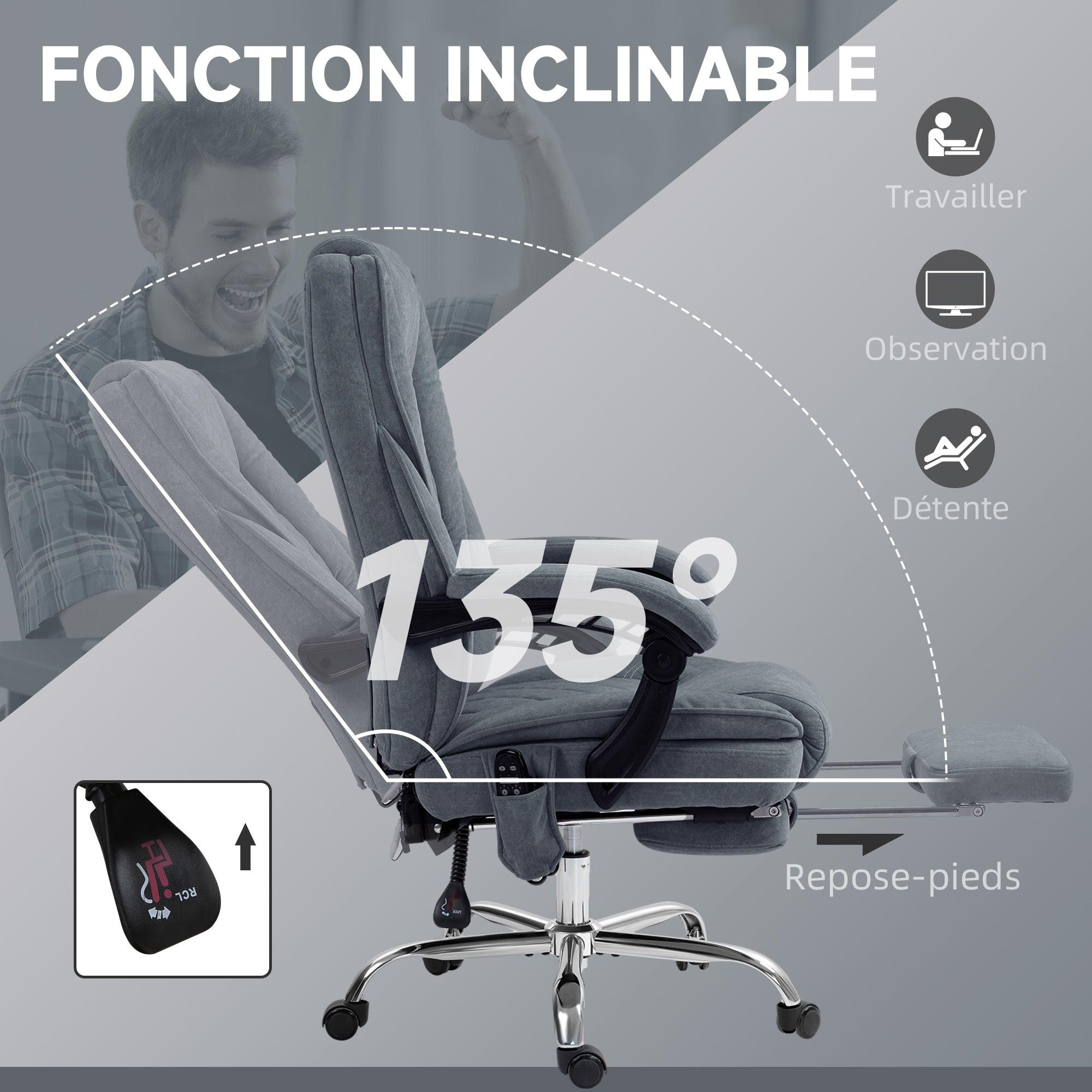 Massage Office Chair with Heating Ergonomic Desk Chair with Adjustable Height Reclining Back Wired Remote Retractable Footrest 360° Swivel Dark Grey