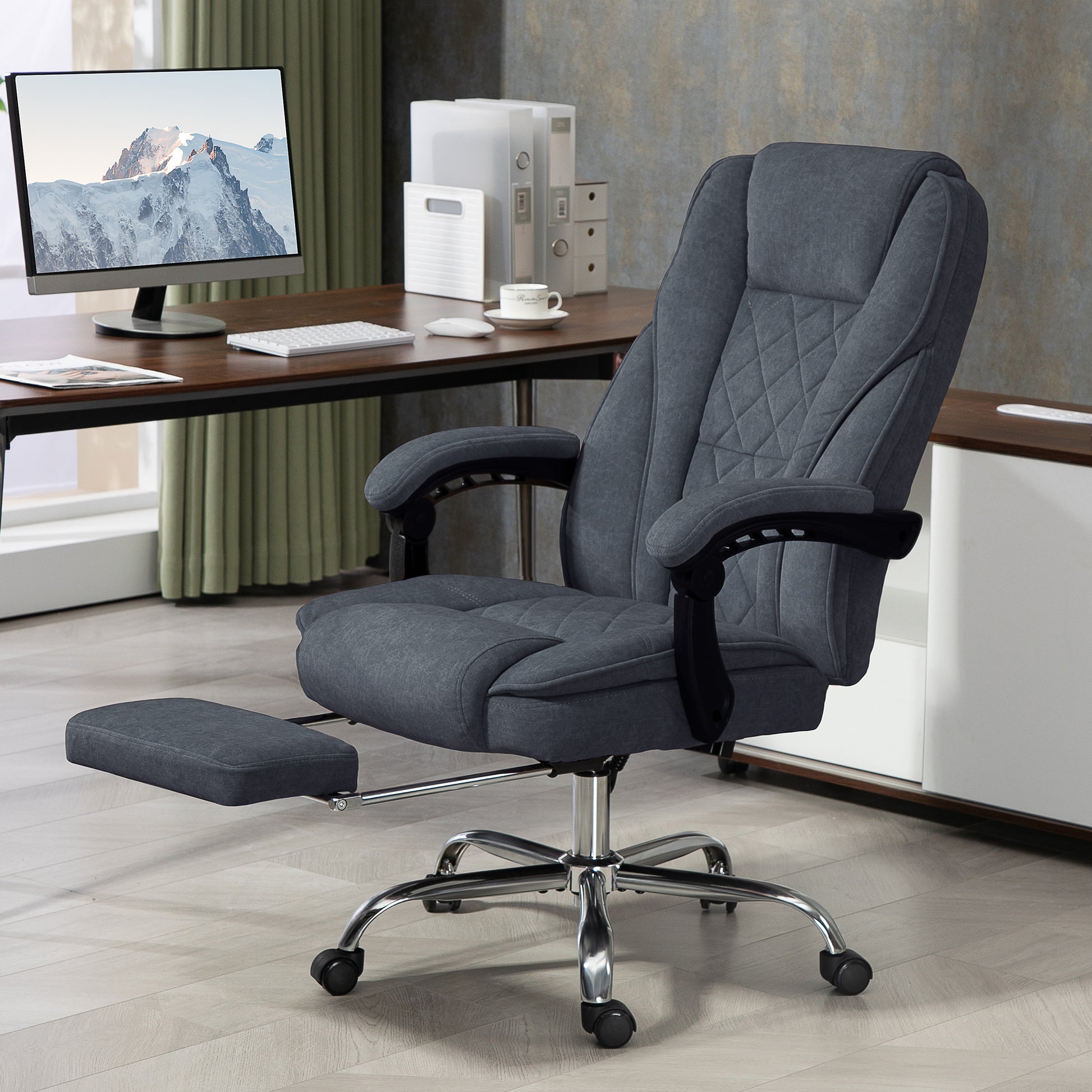 Massage Office Chair with Heating Ergonomic Desk Chair with Adjustable Height Reclining Back Wired Remote Retractable Footrest 360° Swivel Dark Grey