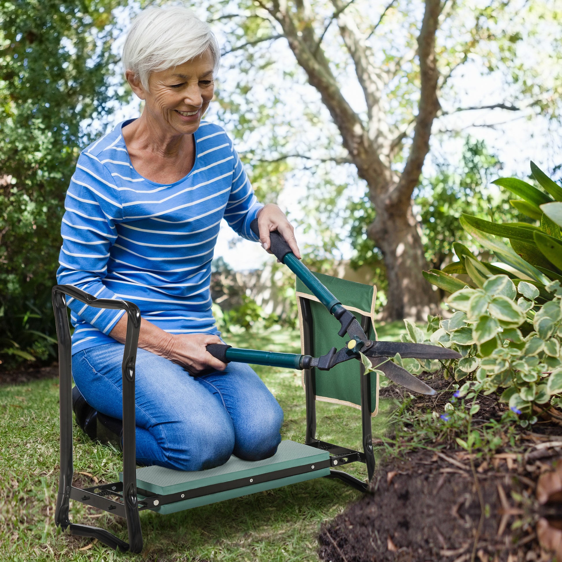 Folding Garden Kneeler Bench with Cushion, Supports up to 150 kg, Garden Bench for Kneeling & Sitting 58 x 28 x 49 cm Green