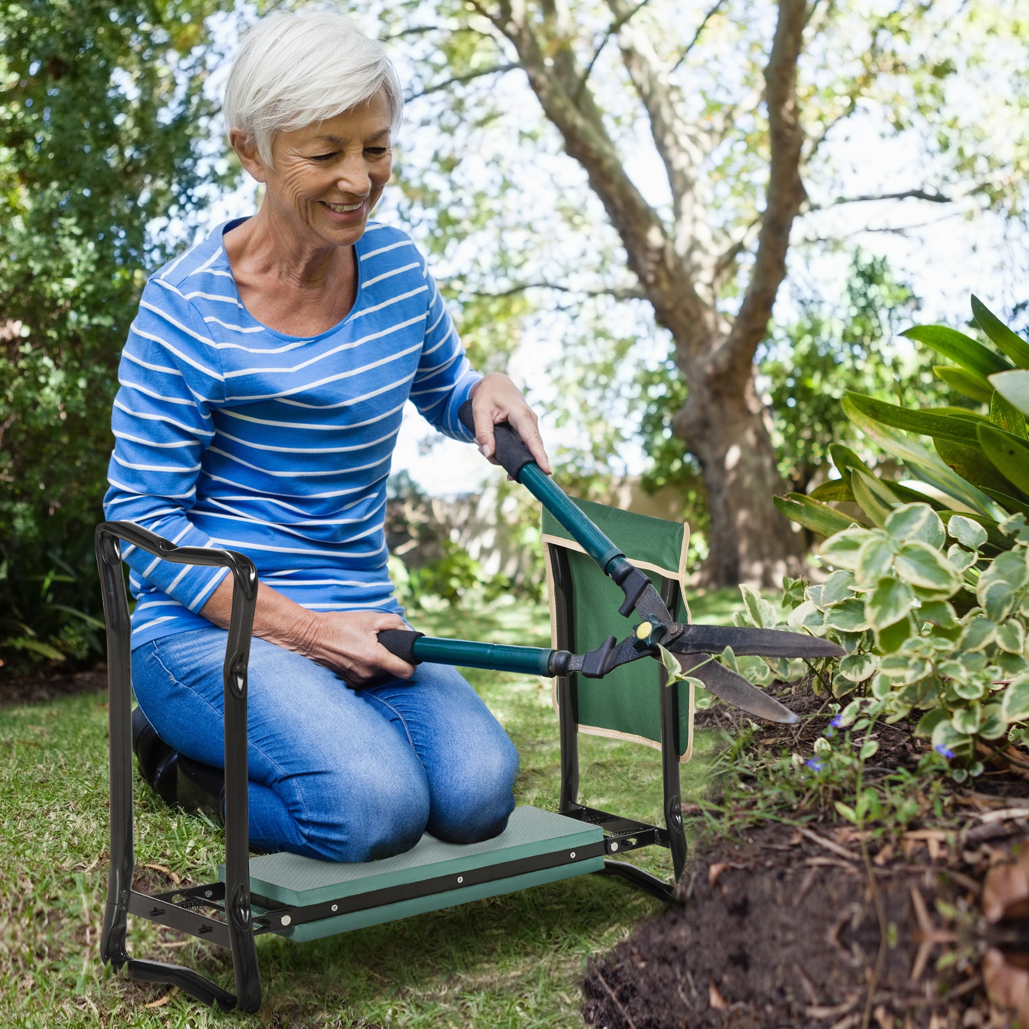 Folding Garden Kneeler Bench with Cushion, Supports up to 150 kg, Garden Bench for Kneeling & Sitting 58 x 28 x 49 cm Green