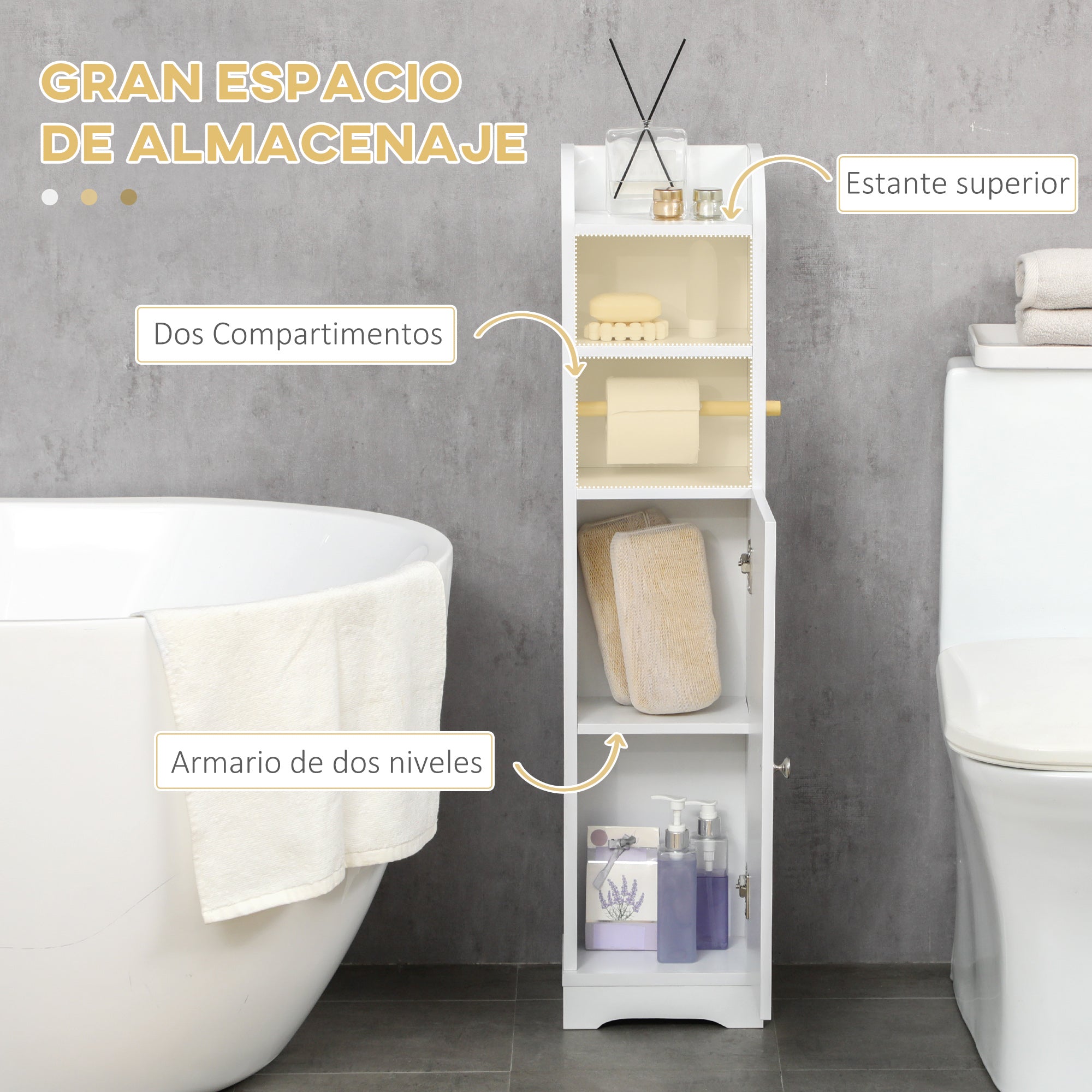 Bathroom Column Auxiliary Cabinet Multi-Purpose Bathroom Cabinet with Adjustable Shelf and Toilet Paper Holder for Bedroom 23x18x100 cm White