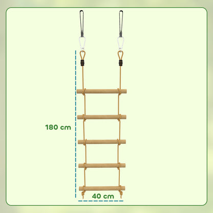 Ninja Line Kids 5-Rung Climbing Ladder & 1.8 m (5.9 ft) Slackline Set — Natural Wood, Includes 2 Carabiners & 2 Tree Straps (Ages 3–8)