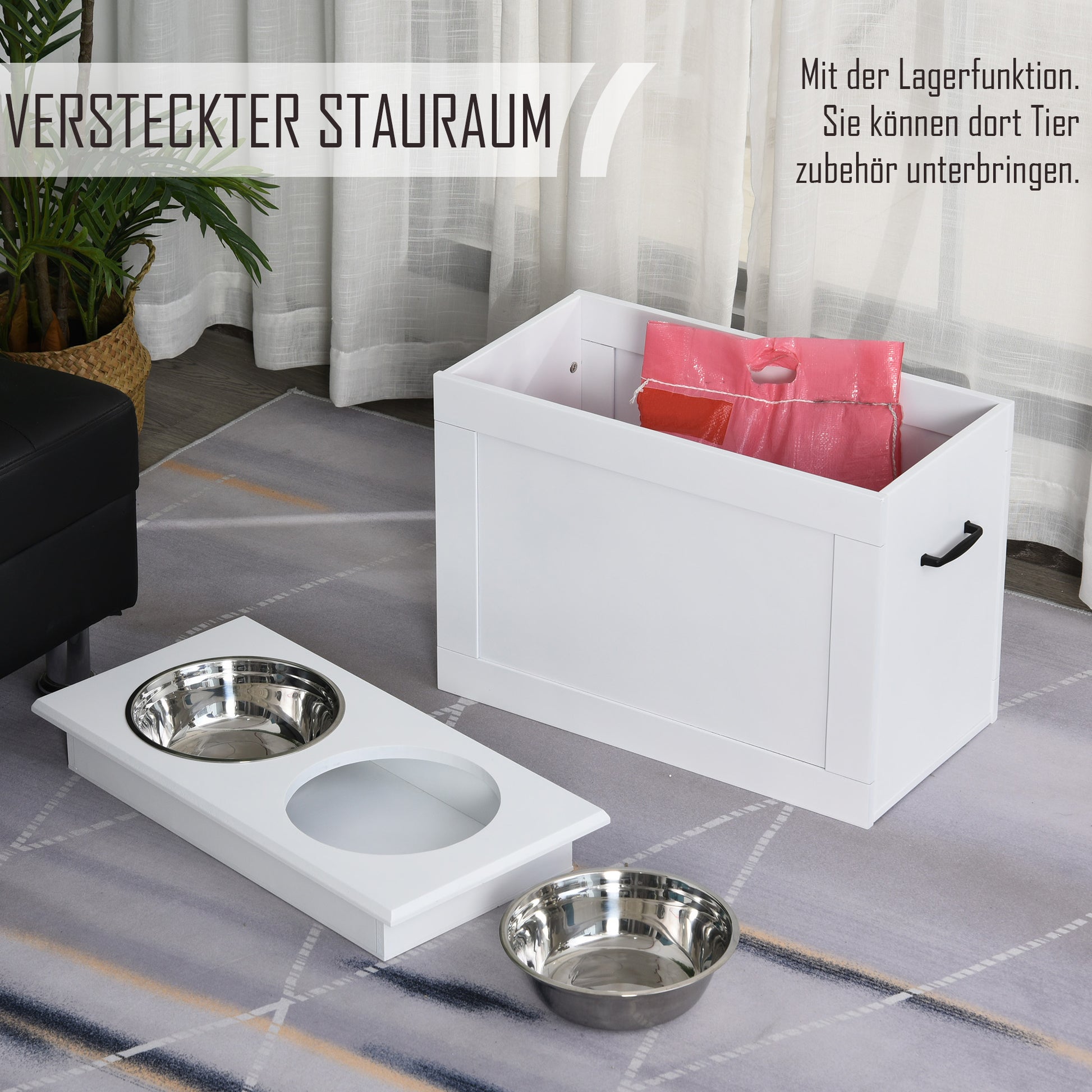 Elevated Dog Bowl Feeding Station with Storage Space Water Bowl 2 x 2000ml Stainless Steel Bowls Dog Bowls Feeding Bowl Food Station for Dogs Cats White