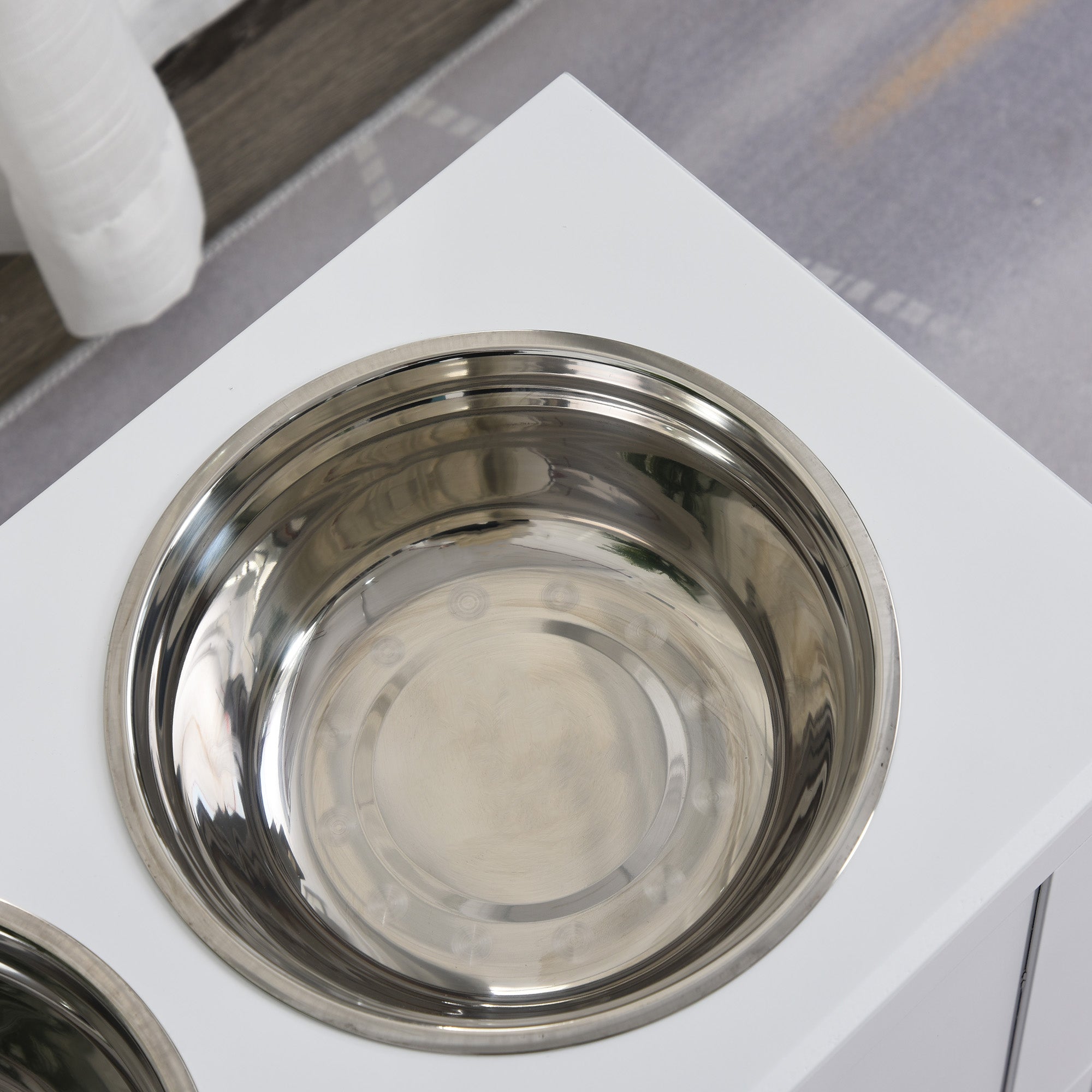 Elevated Dog Bowl Feeding Station with Storage Space Water Bowl 2 x 2000ml Stainless Steel Bowls Dog Bowls Feeding Bowl Food Station for Dogs Cats White