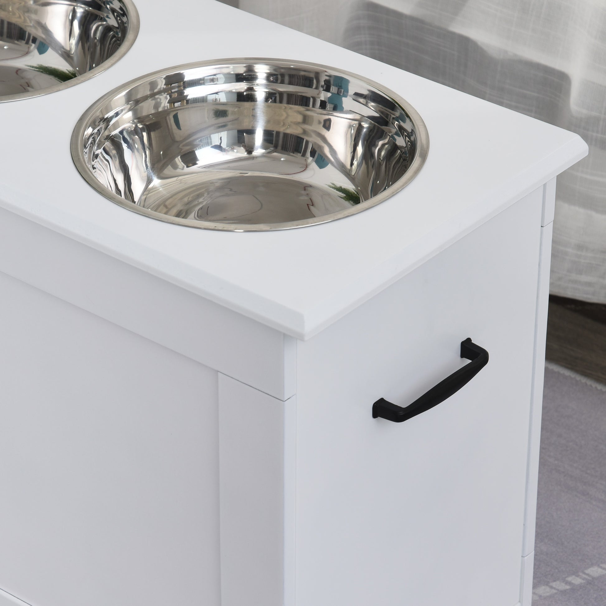 Elevated Dog Bowl Feeding Station with Storage Space Water Bowl 2 x 2000ml Stainless Steel Bowls Dog Bowls Feeding Bowl Food Station for Dogs Cats White