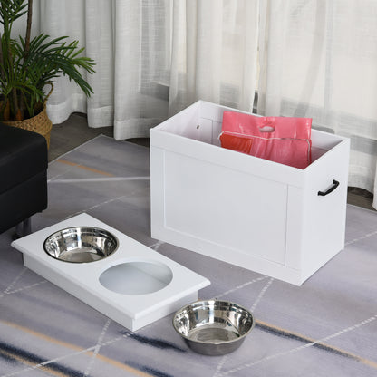 Elevated Dog Bowl Feeding Station with Storage Space Water Bowl 2 x 2000ml Stainless Steel Bowls Dog Bowls Feeding Bowl Food Station for Dogs Cats White
