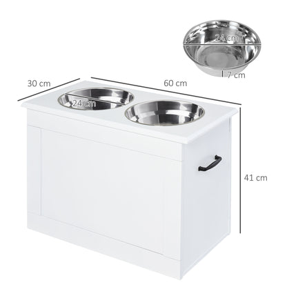 Elevated Dog Bowl Feeding Station with Storage Space Water Bowl 2 x 2000ml Stainless Steel Bowls Dog Bowls Feeding Bowl Food Station for Dogs Cats White