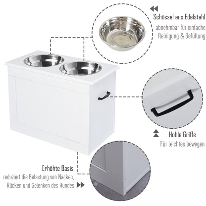 Elevated Dog Bowl Feeding Station with Storage Space Water Bowl 2 x 2000ml Stainless Steel Bowls Dog Bowls Feeding Bowl Food Station for Dogs Cats White