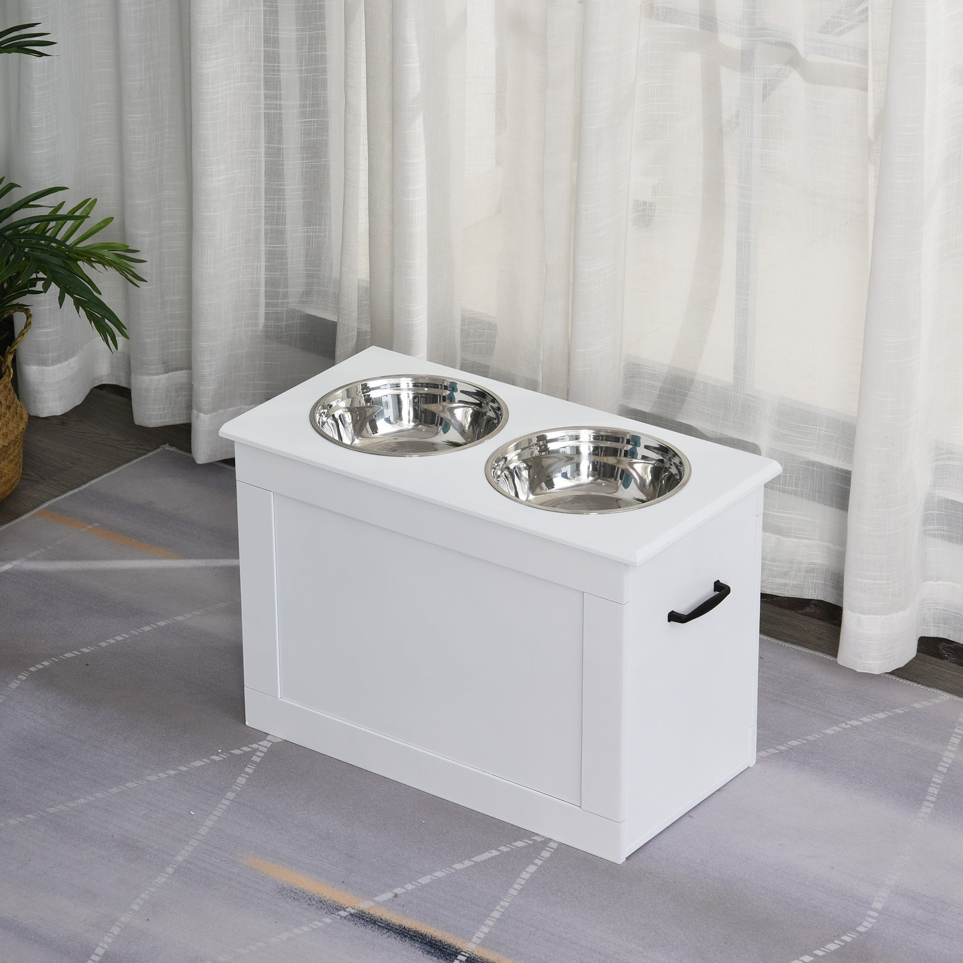 Elevated Dog Bowl Feeding Station with Storage Space Water Bowl 2 x 2000ml Stainless Steel Bowls Dog Bowls Feeding Bowl Food Station for Dogs Cats White