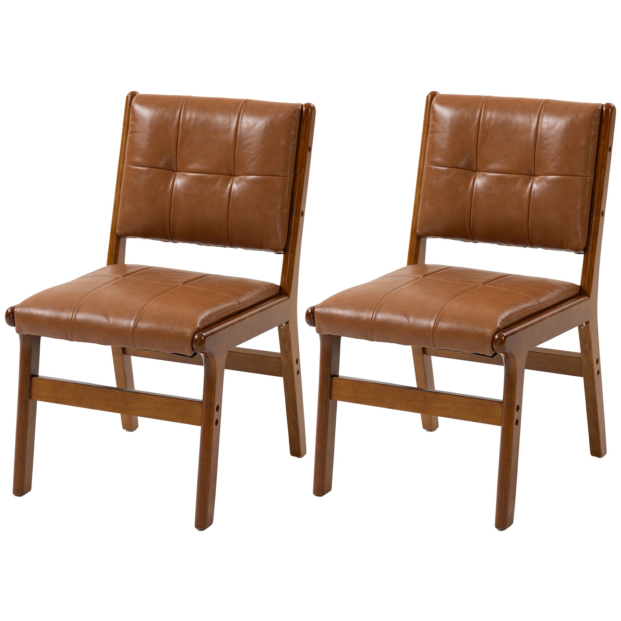 Set of 2 Dining Chairs, Modern PU Upholstered Kitchen Chairs, Padded Seat, Wooden Legs, Brown