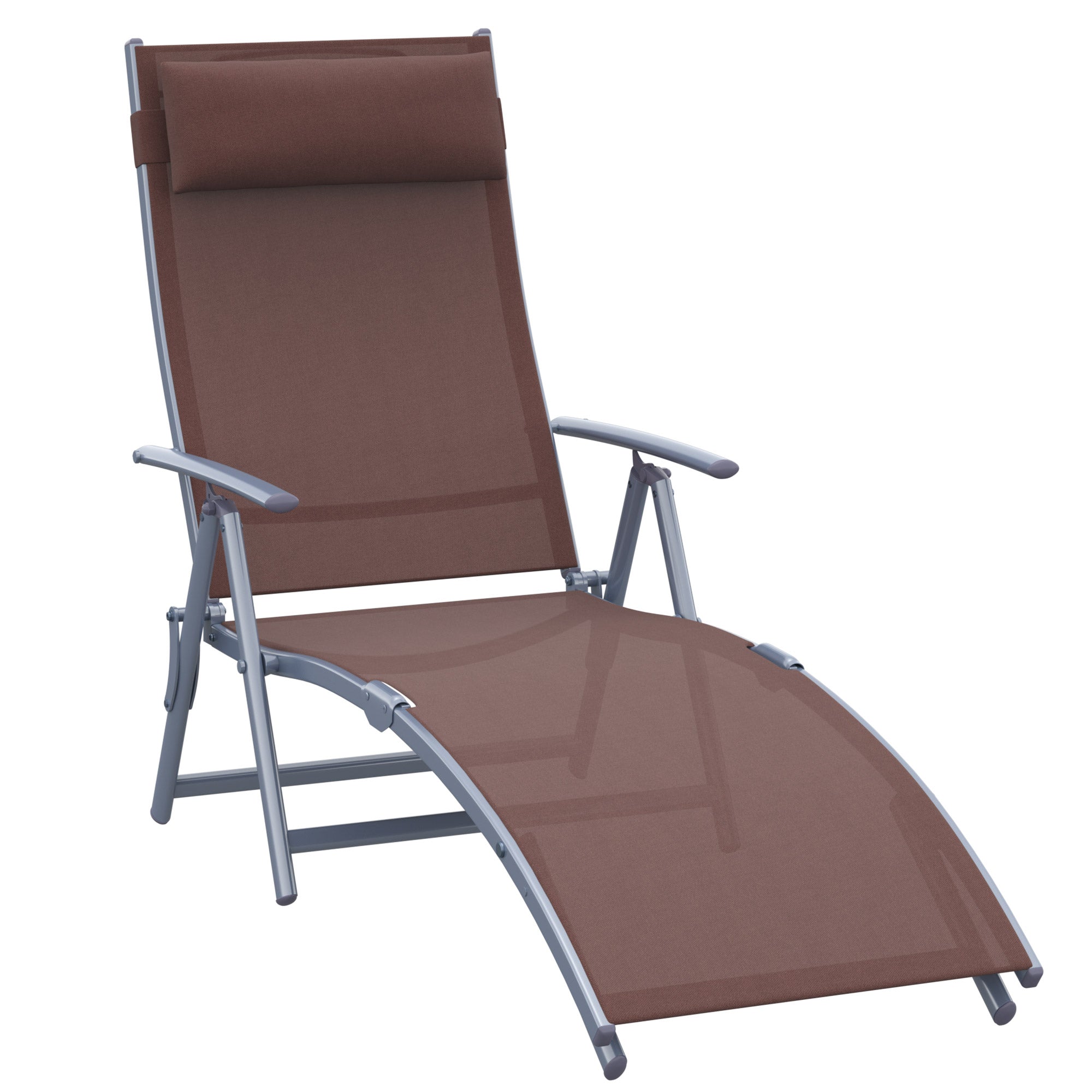 Folding Sun Lounger Beach Chair with Headrest, 7-Position Adjustable Backrest Garden Lounger Relax Chair Outdoor Sunbed up to 165 kg Load Capacity, for Garden Holiday Outdoor, Brown