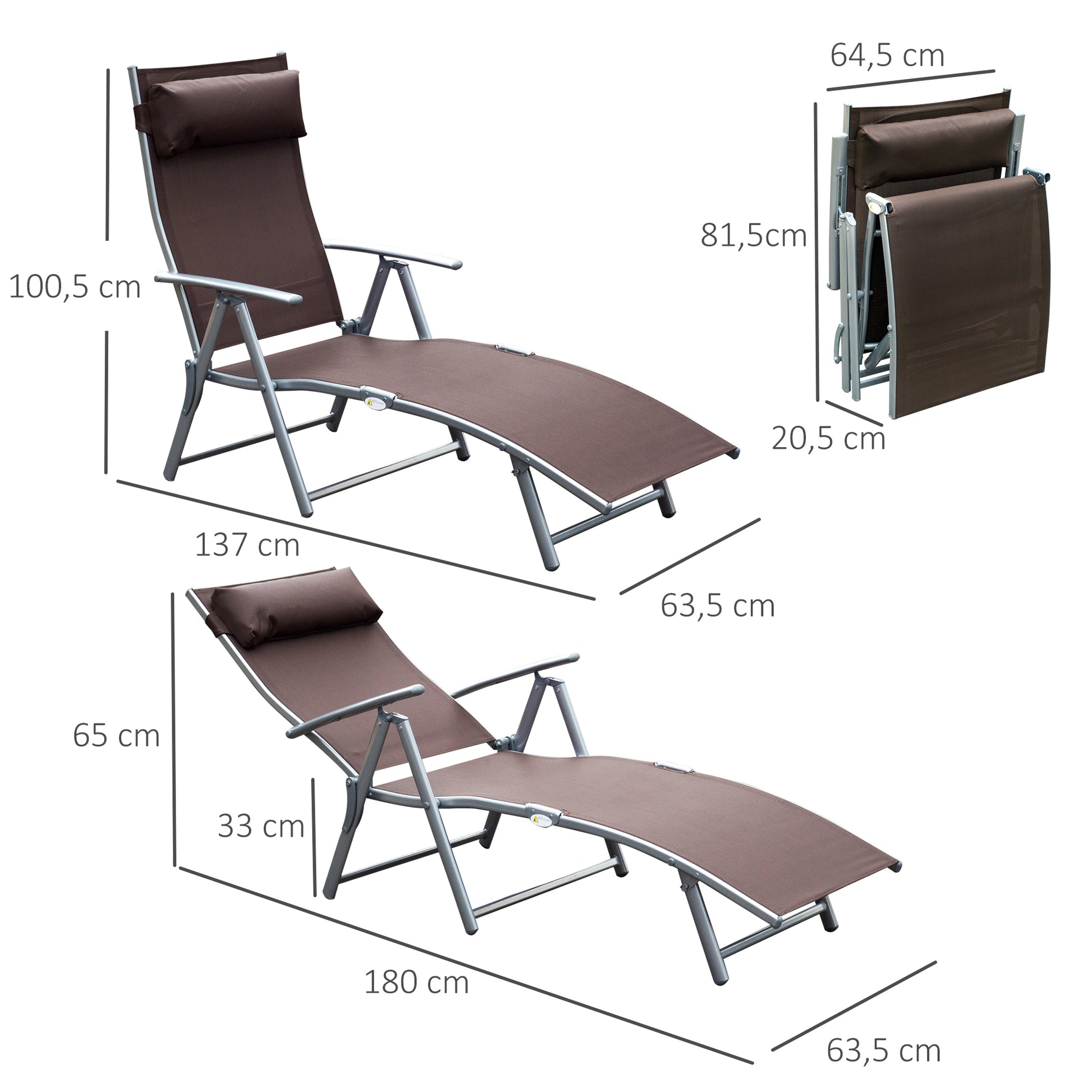 Folding Sun Lounger Beach Chair with Headrest, 7-Position Adjustable Backrest Garden Lounger Relax Chair Outdoor Sunbed up to 165 kg Load Capacity, for Garden Holiday Outdoor, Brown