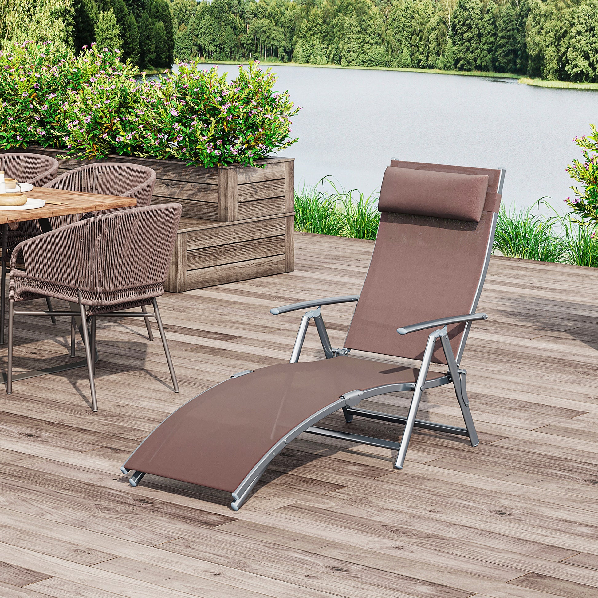 Folding Sun Lounger Beach Chair with Headrest, 7-Position Adjustable Backrest Garden Lounger Relax Chair Outdoor Sunbed up to 165 kg Load Capacity, for Garden Holiday Outdoor, Brown