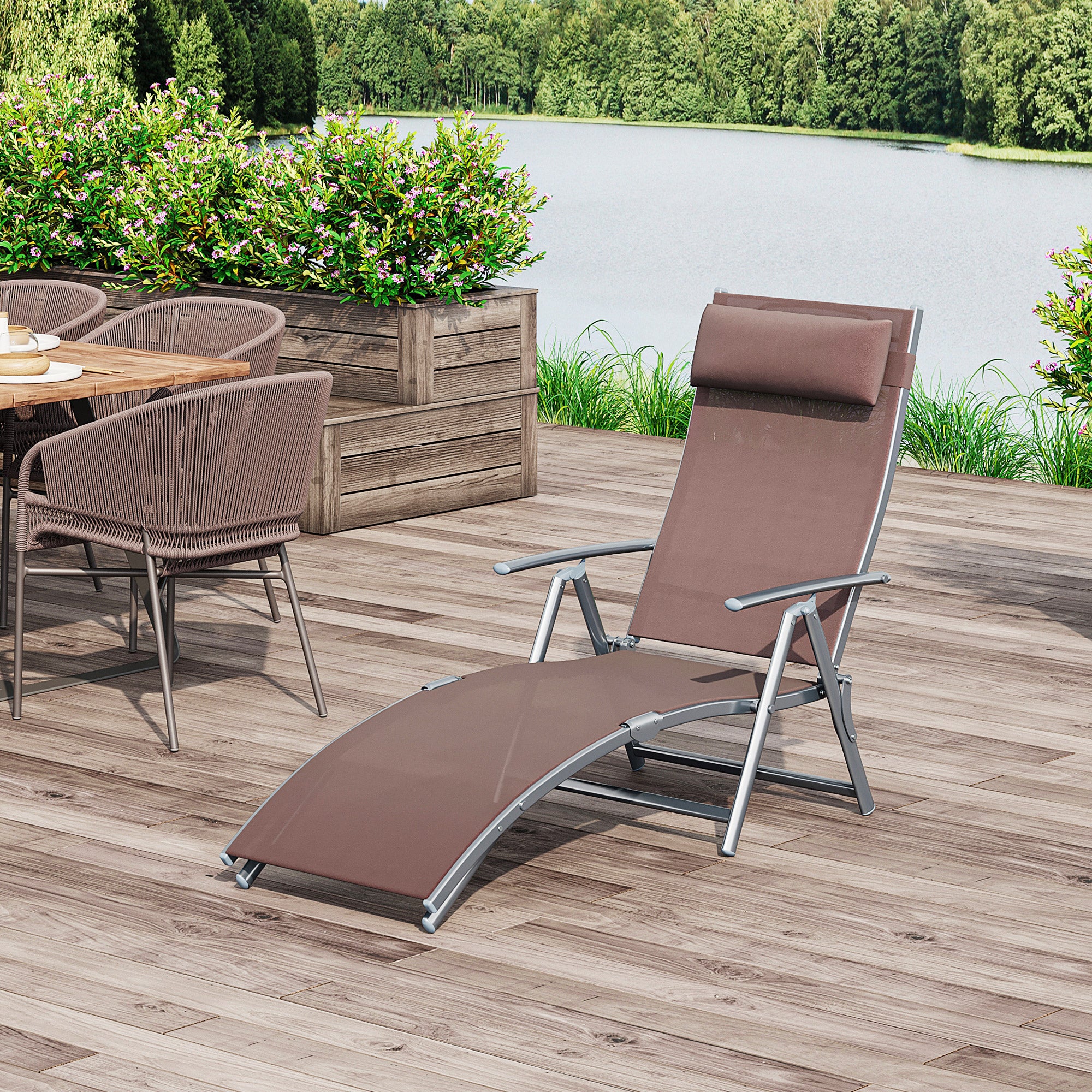 Folding Sun Lounger Beach Chair with Headrest, 7-Position Adjustable Backrest Garden Lounger Relax Chair Outdoor Sunbed up to 165 kg Load Capacity, for Garden Holiday Outdoor, Brown