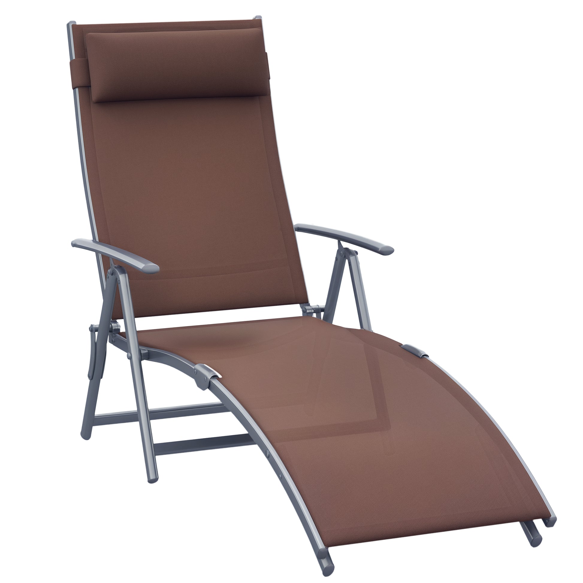 Folding Sun Lounger Beach Chair with Headrest, 7-Position Adjustable Backrest Garden Lounger Relax Chair Outdoor Sunbed up to 165 kg Load Capacity, for Garden Holiday Outdoor, Brown