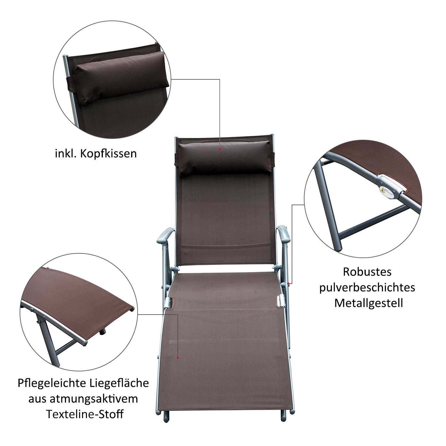 Folding Sun Lounger Beach Chair with Headrest, 7-Position Adjustable Backrest Garden Lounger Relax Chair Outdoor Sunbed up to 165 kg Load Capacity, for Garden Holiday Outdoor, Brown
