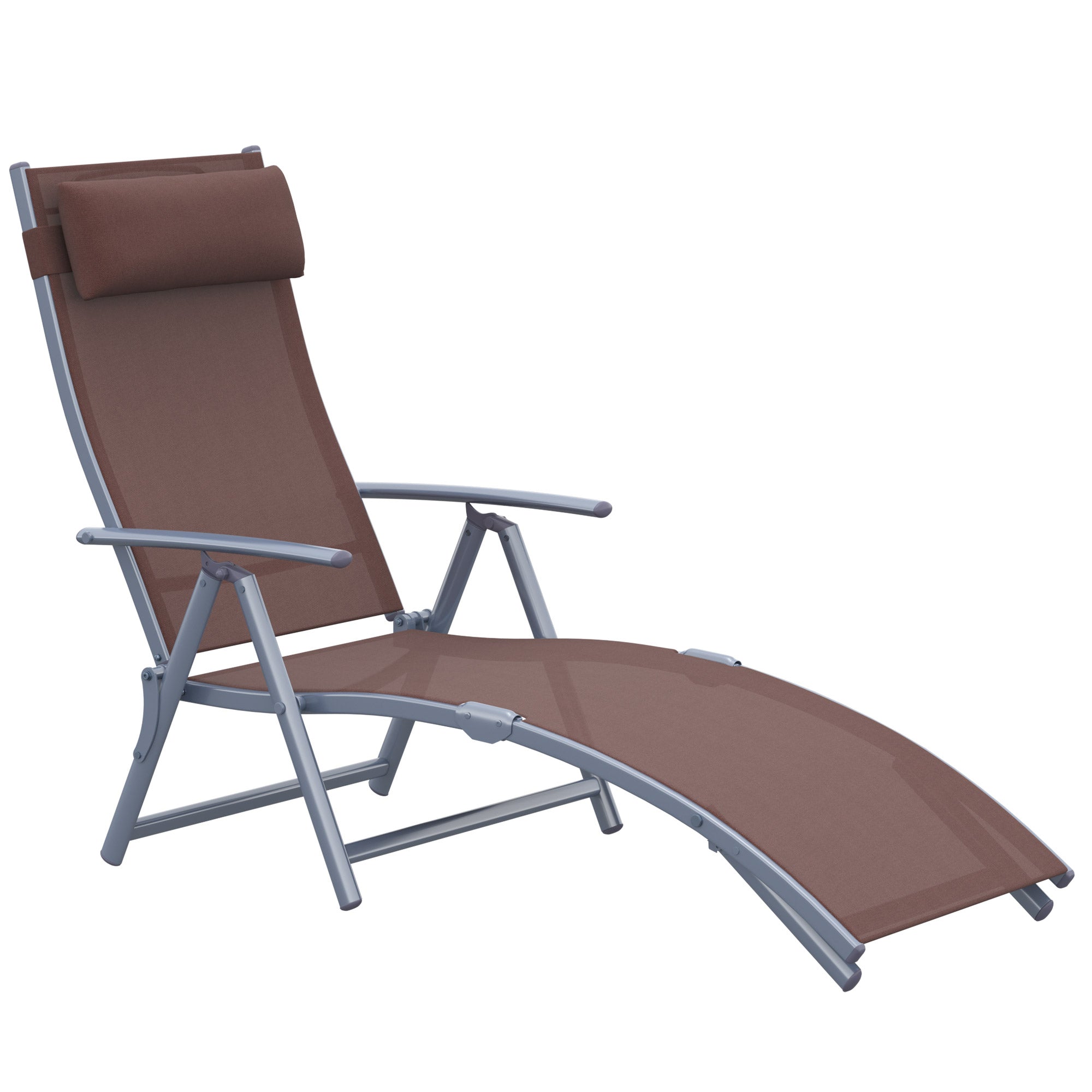 Folding Sun Lounger Beach Chair with Headrest, 7-Position Adjustable Backrest Garden Lounger Relax Chair Outdoor Sunbed up to 165 kg Load Capacity, for Garden Holiday Outdoor, Brown