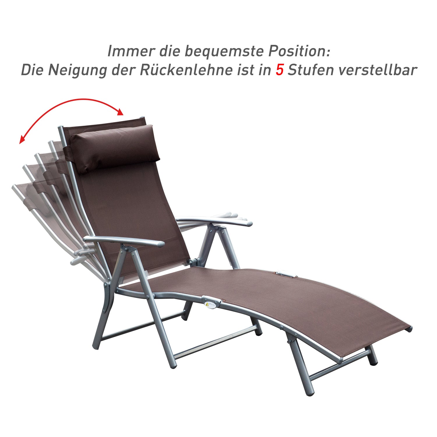 Folding Sun Lounger Beach Chair with Headrest, 7-Position Adjustable Backrest Garden Lounger Relax Chair Outdoor Sunbed up to 165 kg Load Capacity, for Garden Holiday Outdoor, Brown