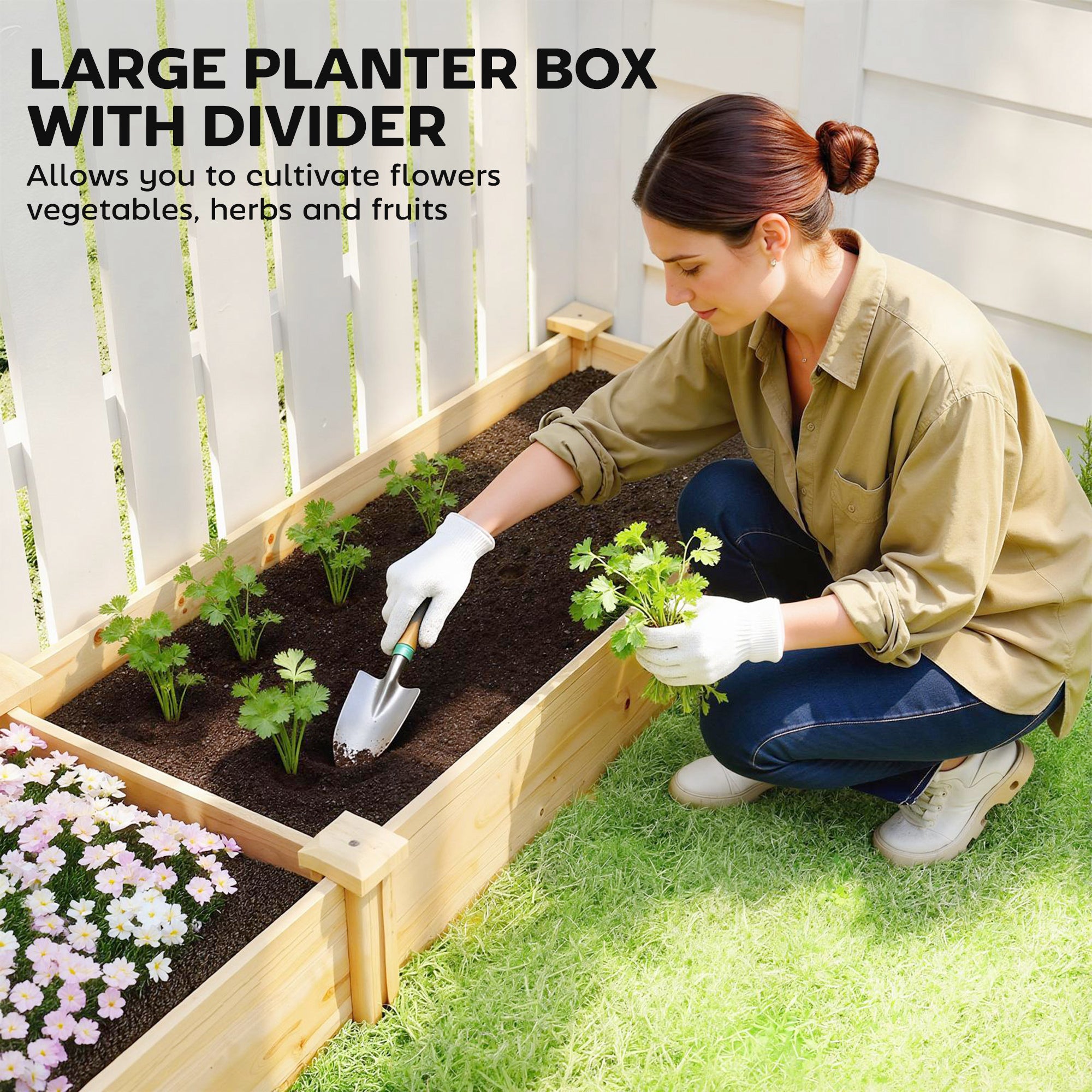 Wooden Raised Planter with Divider and Open Bottom, Spring Garden Bed, Large Vegetable & Herb Box 235 x 66 x 26 cm for Garden, Balcony, Plants