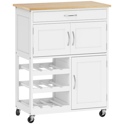 Kitchen Cart Utility Trolley with Wheels Drawer 2 Storage Cabinets and 3 Open Shelves for 9 Bottles for Dining Room Restaurant 67x37x87 cm White