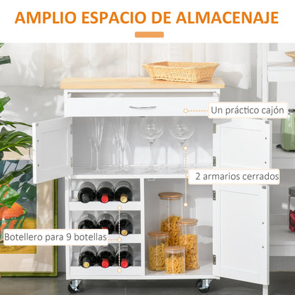 Kitchen Cart Utility Trolley with Wheels Drawer 2 Storage Cabinets and 3 Open Shelves for 9 Bottles for Dining Room Restaurant 67x37x87 cm White