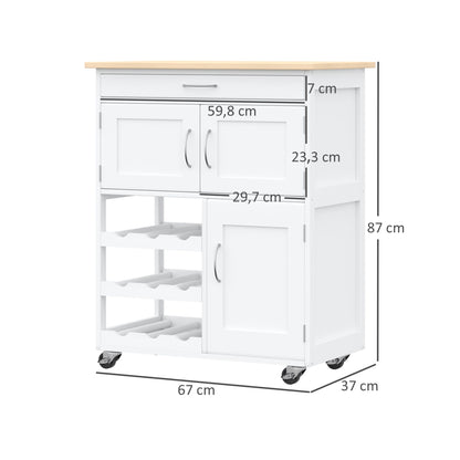 Kitchen Cart Utility Trolley with Wheels Drawer 2 Storage Cabinets and 3 Open Shelves for 9 Bottles for Dining Room Restaurant 67x37x87 cm White
