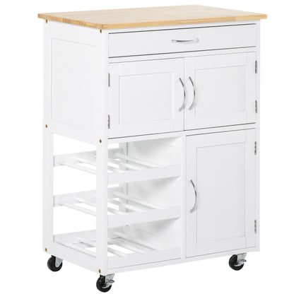 Kitchen Cart Utility Trolley with Wheels Drawer 2 Storage Cabinets and 3 Open Shelves for 9 Bottles for Dining Room Restaurant 67x37x87 cm White