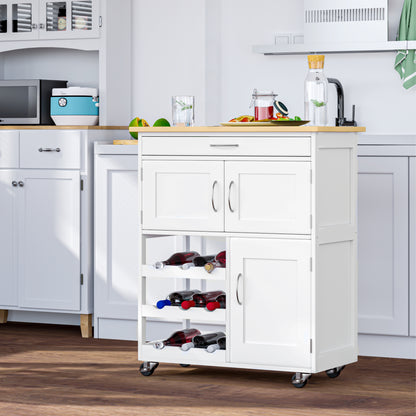 Kitchen Cart Utility Trolley with Wheels Drawer 2 Storage Cabinets and 3 Open Shelves for 9 Bottles for Dining Room Restaurant 67x37x87 cm White