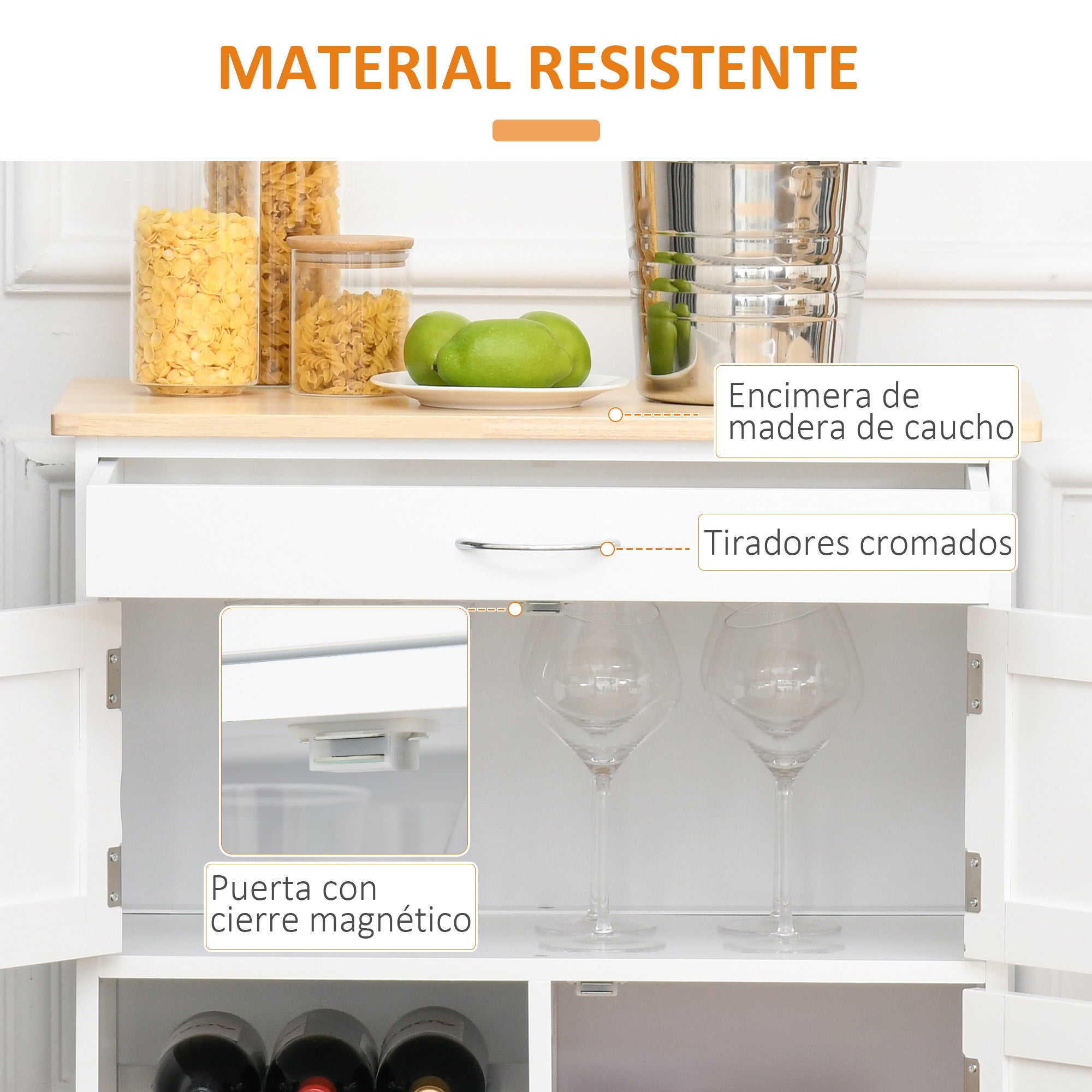 Kitchen Cart Utility Trolley with Wheels Drawer 2 Storage Cabinets and 3 Open Shelves for 9 Bottles for Dining Room Restaurant 67x37x87 cm White