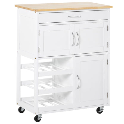 Kitchen Cart Utility Trolley with Wheels Drawer 2 Storage Cabinets and 3 Open Shelves for 9 Bottles for Dining Room Restaurant 67x37x87 cm White