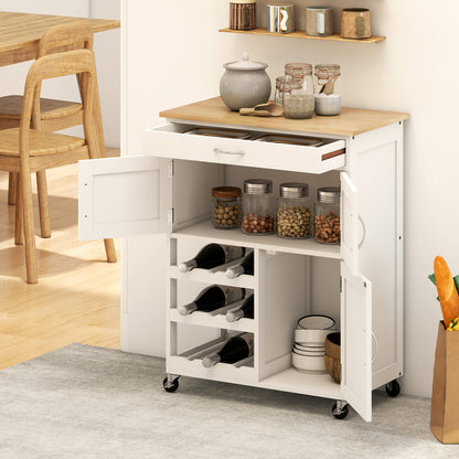 Kitchen Cart Utility Trolley with Wheels Drawer 2 Storage Cabinets and 3 Open Shelves for 9 Bottles for Dining Room Restaurant 67x37x87 cm White